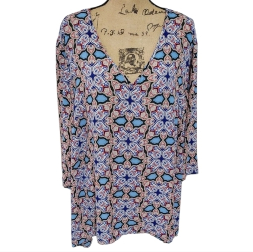 Rose + Olive Womens 3X Blue Geometric Medallion V-Neck 3/4 Sleeve Tunic Top
